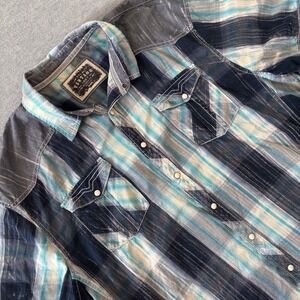 BKE Vintage Mens XXL Blue Plaid Western Pearl Snap Short Sleeve Shirt Relaxed